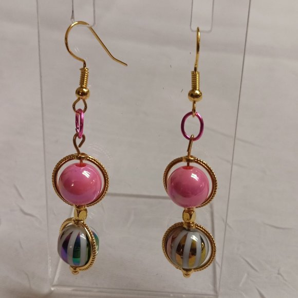 Steel Handmade Hand Crafted Pink & Rainbow Beaded Dangle Earrings Jewelry #52 - Picture 1 of 8